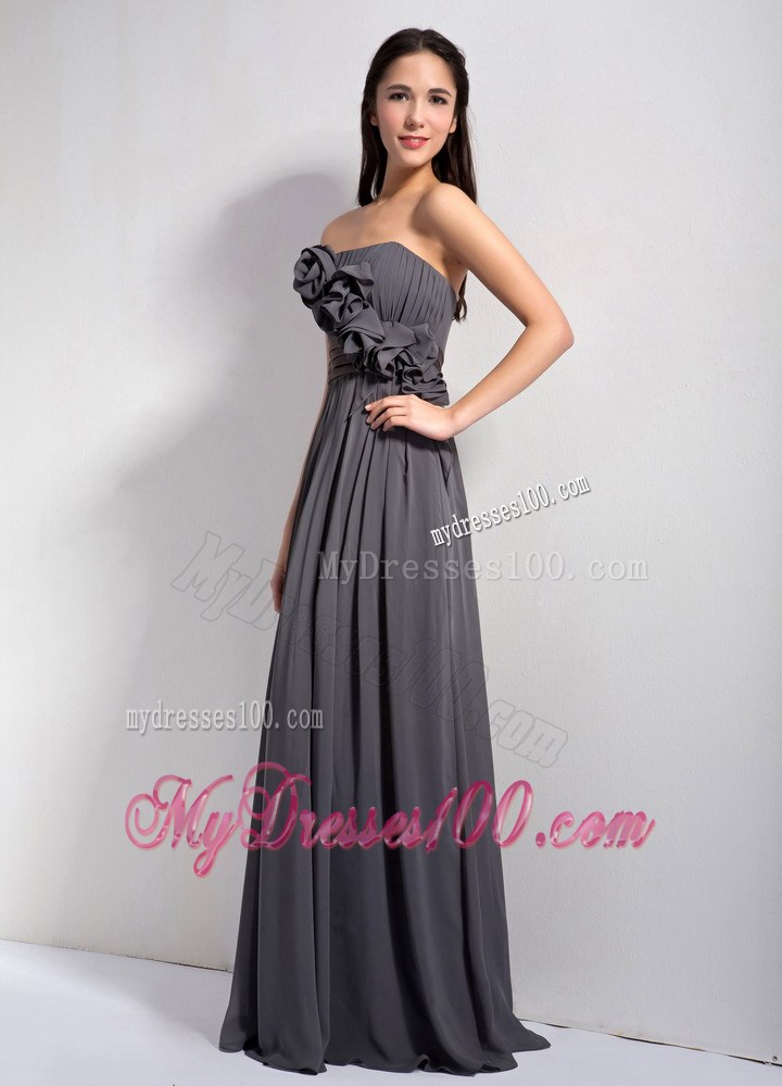 Modest Dark Grey Empire Chiffon Bridesmaid Dress With Flowers