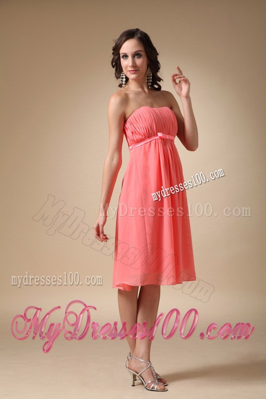 Watermelon Red Empire Chiffon Ruched Bridesmaid Dress in Knee-length