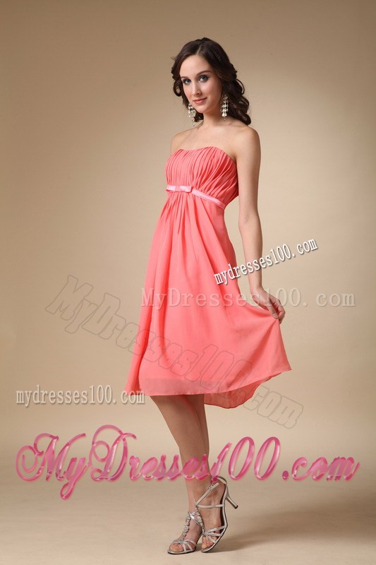 Watermelon Red Empire Chiffon Ruched Bridesmaid Dress in Knee-length