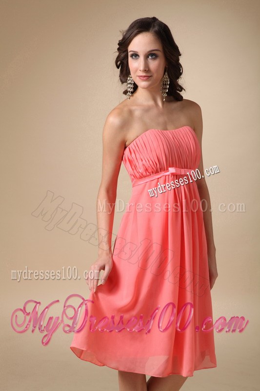 Watermelon Red Empire Chiffon Ruched Bridesmaid Dress in Knee-length