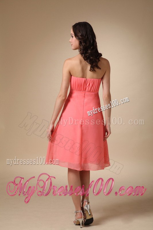 Watermelon Red Empire Chiffon Ruched Bridesmaid Dress in Knee-length