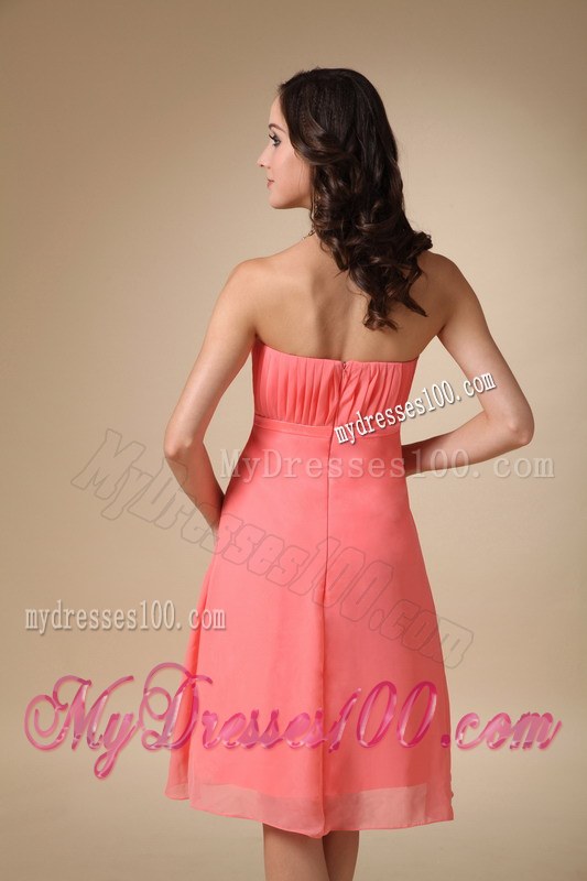 Watermelon Red Empire Chiffon Ruched Bridesmaid Dress in Knee-length