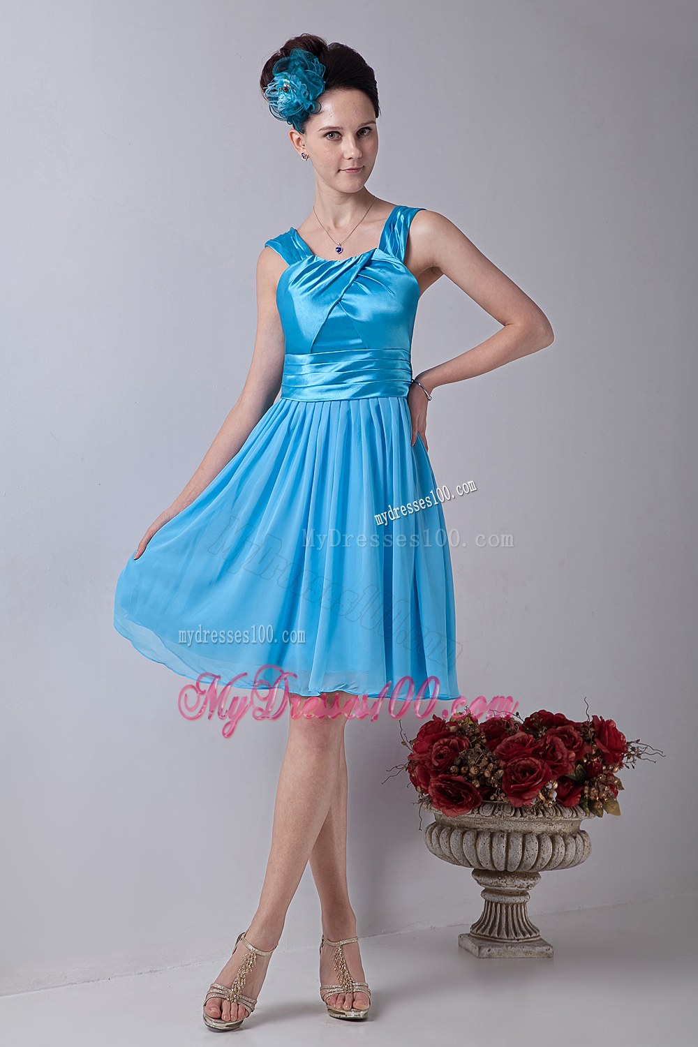 Aqua Blue Empire Straps Knee-length Ruched Bridesmaid Dress