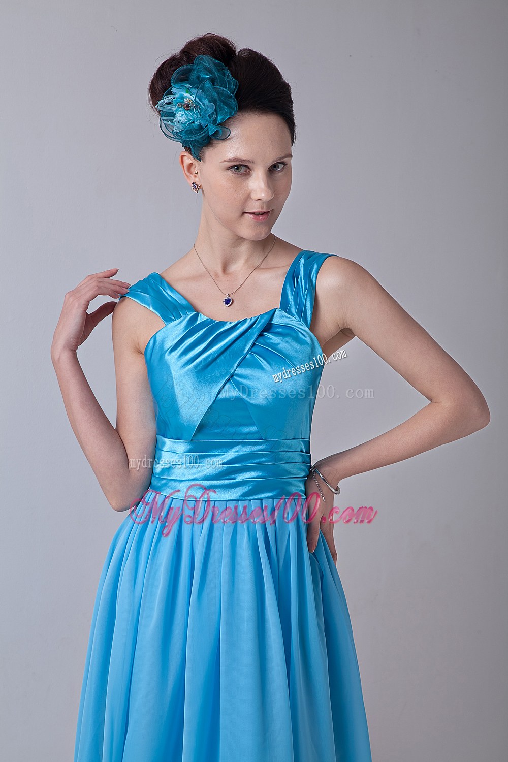 Aqua Blue Empire Straps Knee-length Ruched Bridesmaid Dress