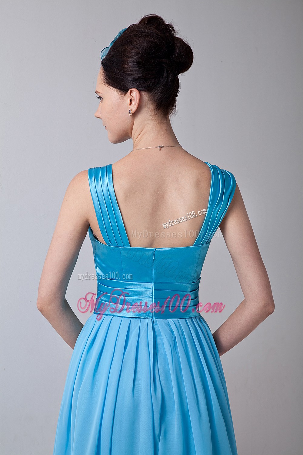 Aqua Blue Empire Straps Knee-length Ruched Bridesmaid Dress