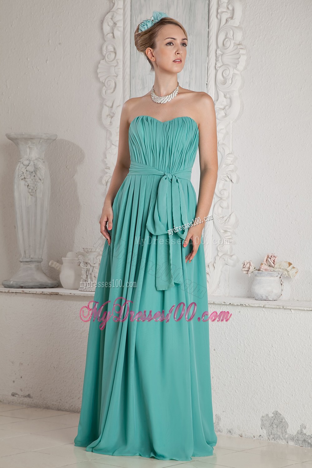 Turquoise Sweetheart Ruche and Sash Accented Bridesmaid Dress