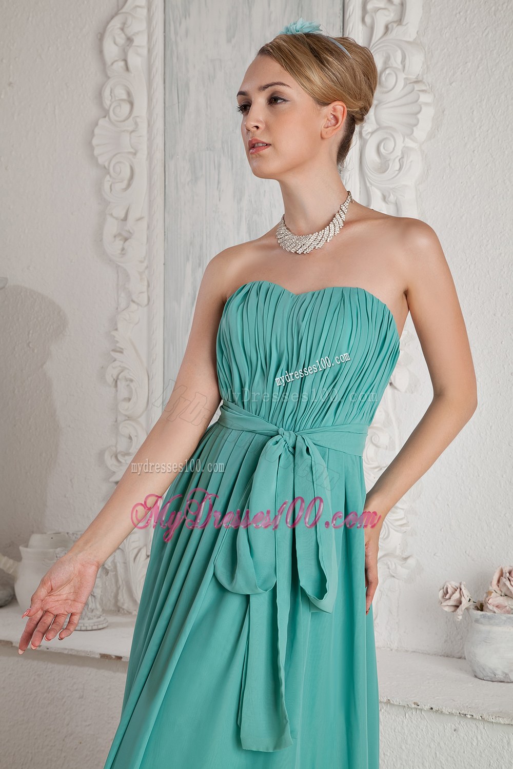 Turquoise Sweetheart Ruche and Sash Accented Bridesmaid Dress