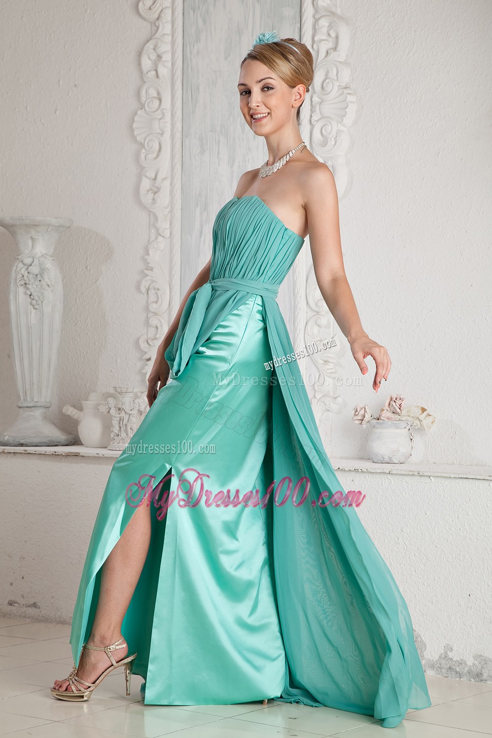 Turquoise Sweetheart Ruche and Sash Accented Bridesmaid Dress