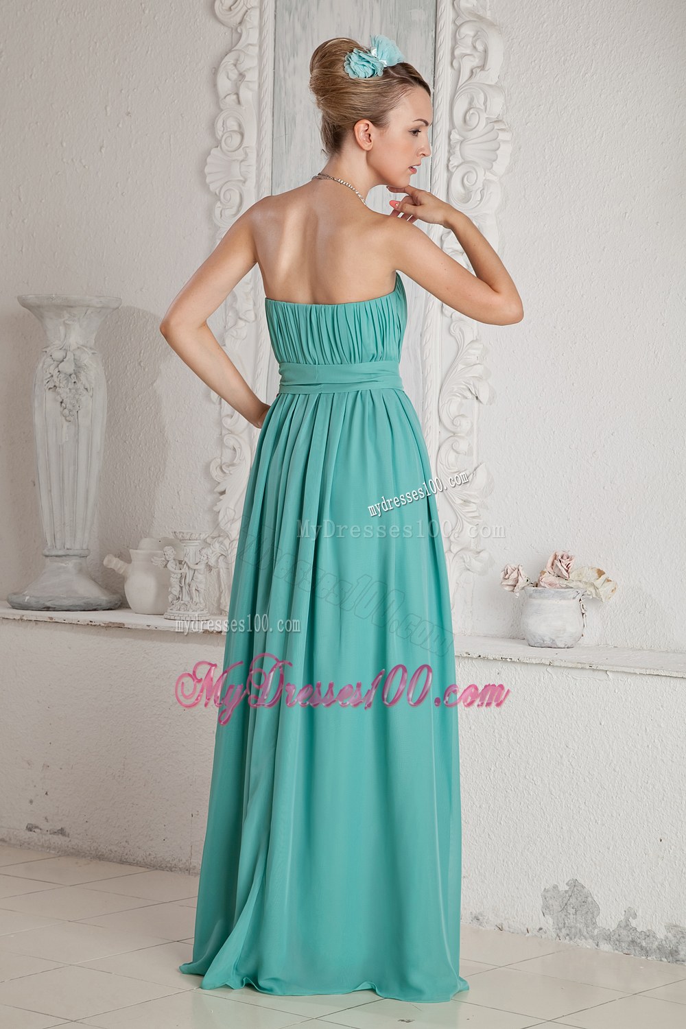 Turquoise Sweetheart Ruche and Sash Accented Bridesmaid Dress