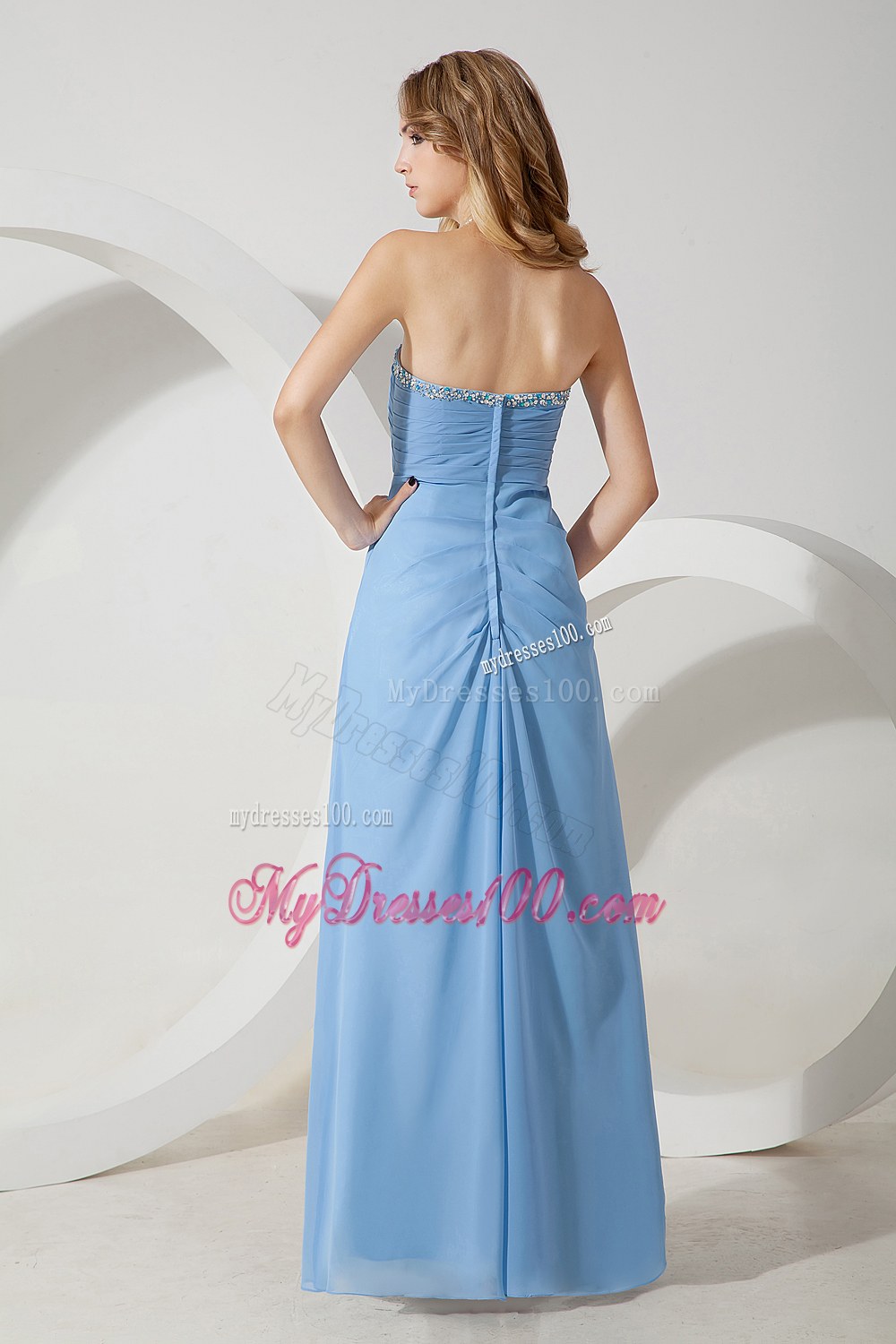 Baby Blue Sweetheart Beading Decorate Bridesmaid Dress Empire Style