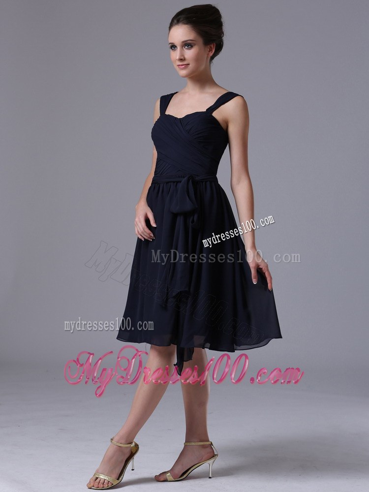 Navy Blue Straps Chiffon Knee-length Bridesmaid Dress A-Line Style