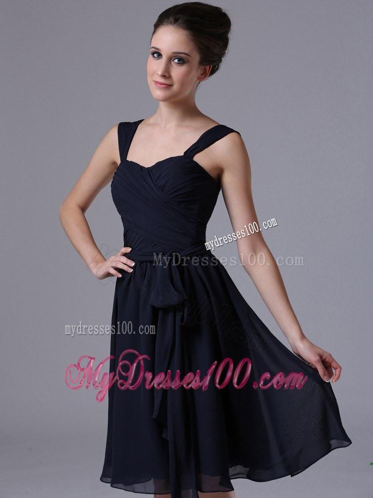 Navy Blue Straps Chiffon Knee-length Bridesmaid Dress A-Line Style