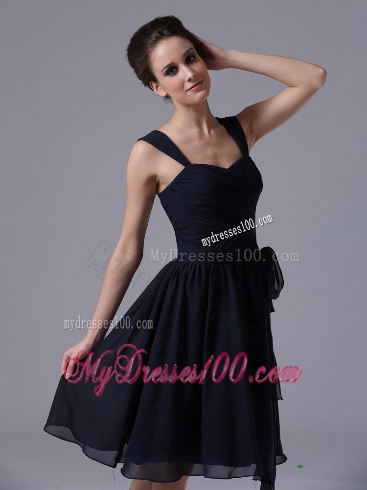Navy Blue Straps Chiffon Knee-length Bridesmaid Dress A-Line Style