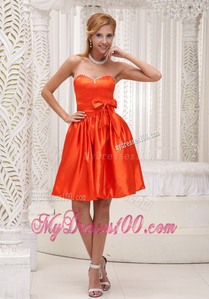 Orange Red Beading and Bowknot Decorate Bridesmaid Dress 2013