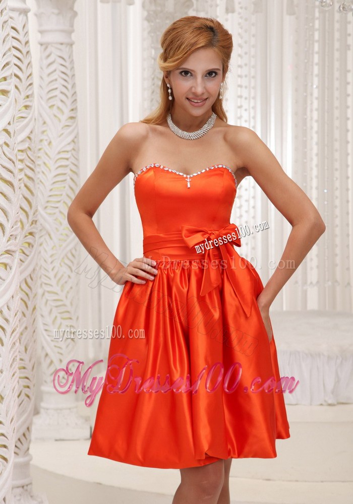 Orange Red Beading and Bowknot Decorate Bridesmaid Dress 2013