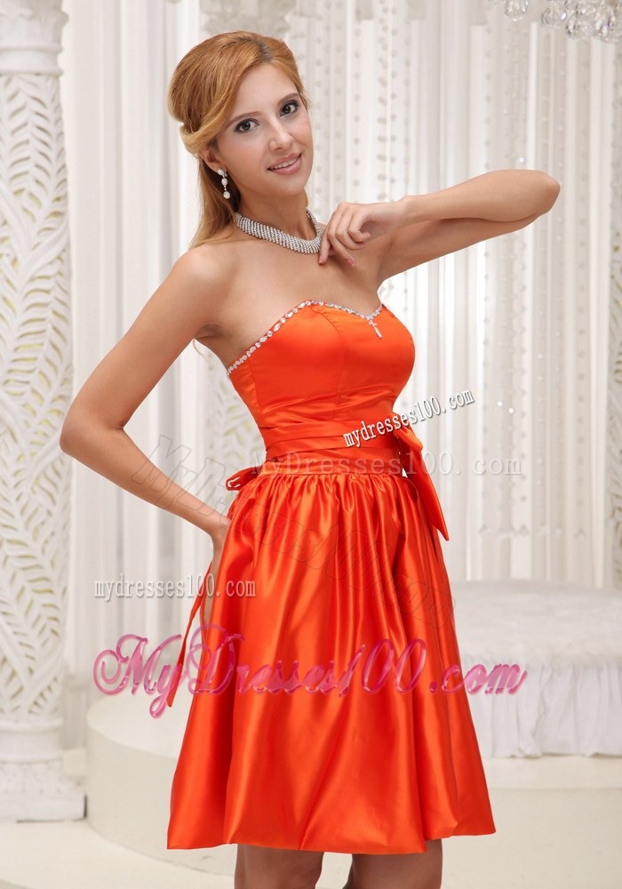 Orange Red Beading and Bowknot Decorate Bridesmaid Dress 2013