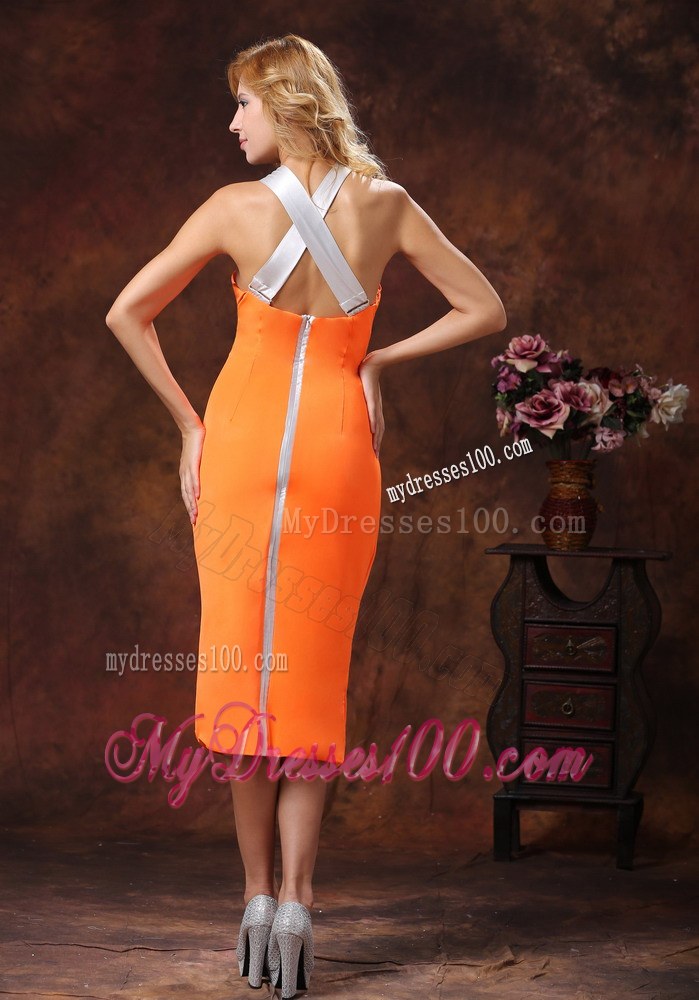 New Style Orange Halter Neckline Satin Bridesmaid Dress With bow