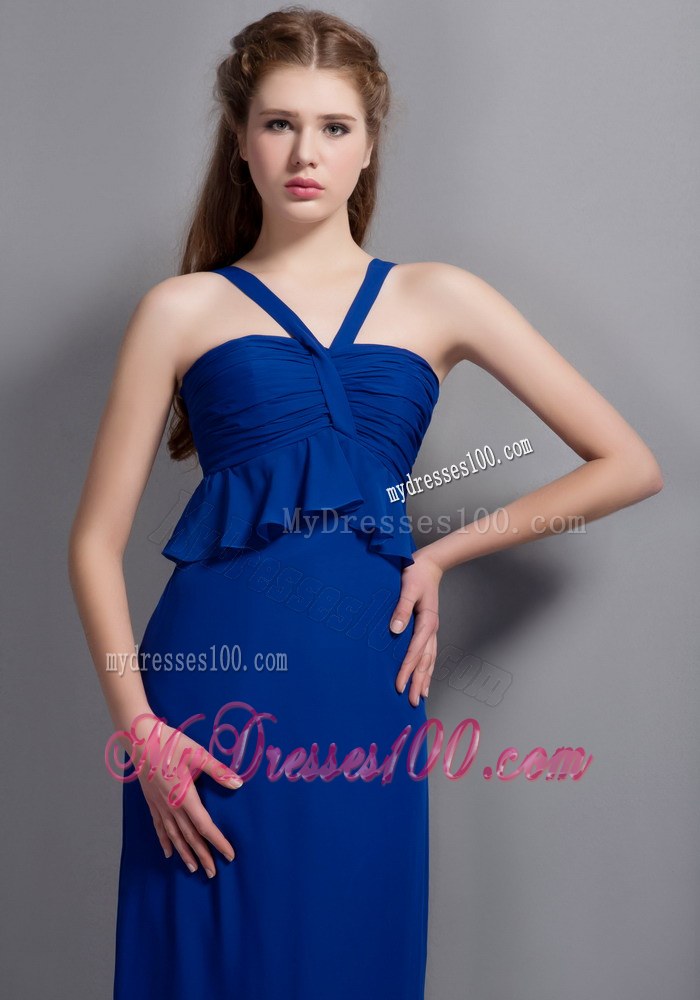 Unique Peacock Blue V-neck Chiffon Dress for Bridesmaid With Halter