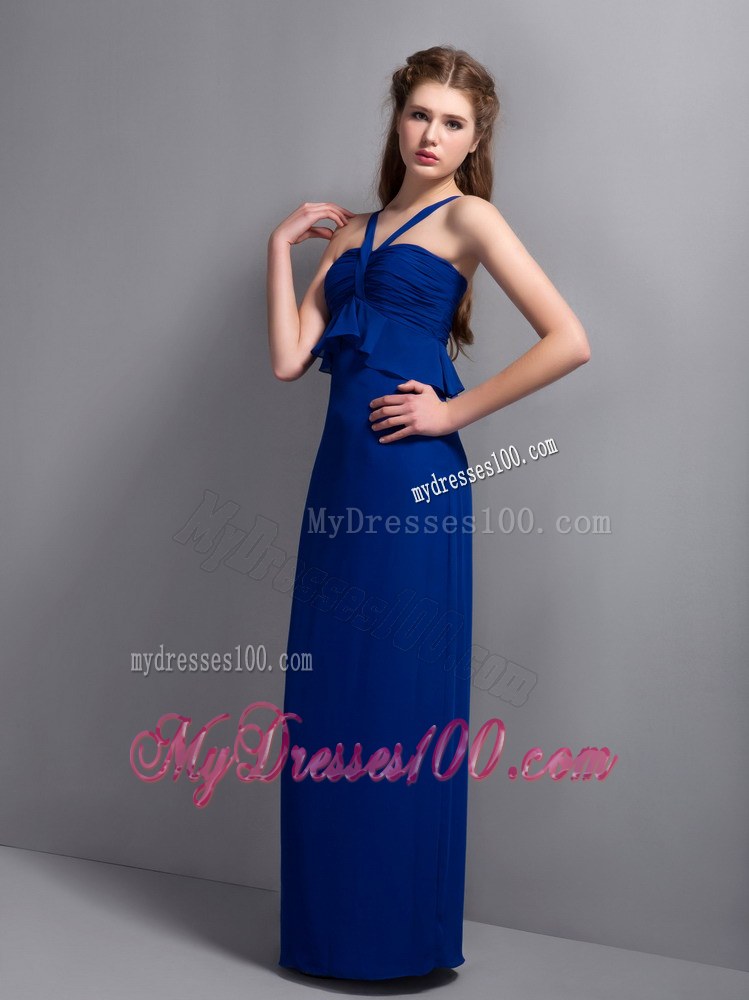 Unique Peacock Blue V-neck Chiffon Dress for Bridesmaid With Halter