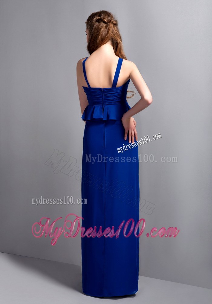 Unique Peacock Blue V-neck Chiffon Dress for Bridesmaid With Halter