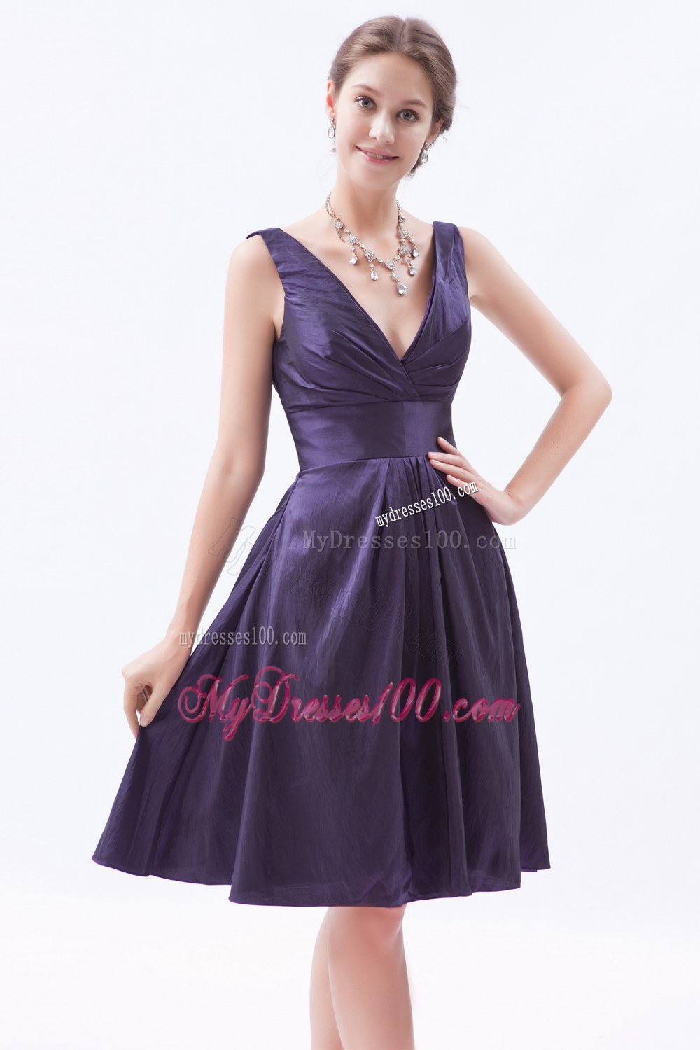 Dark Purple Empire V-neck Beading Decorate Bridesmaid Dress