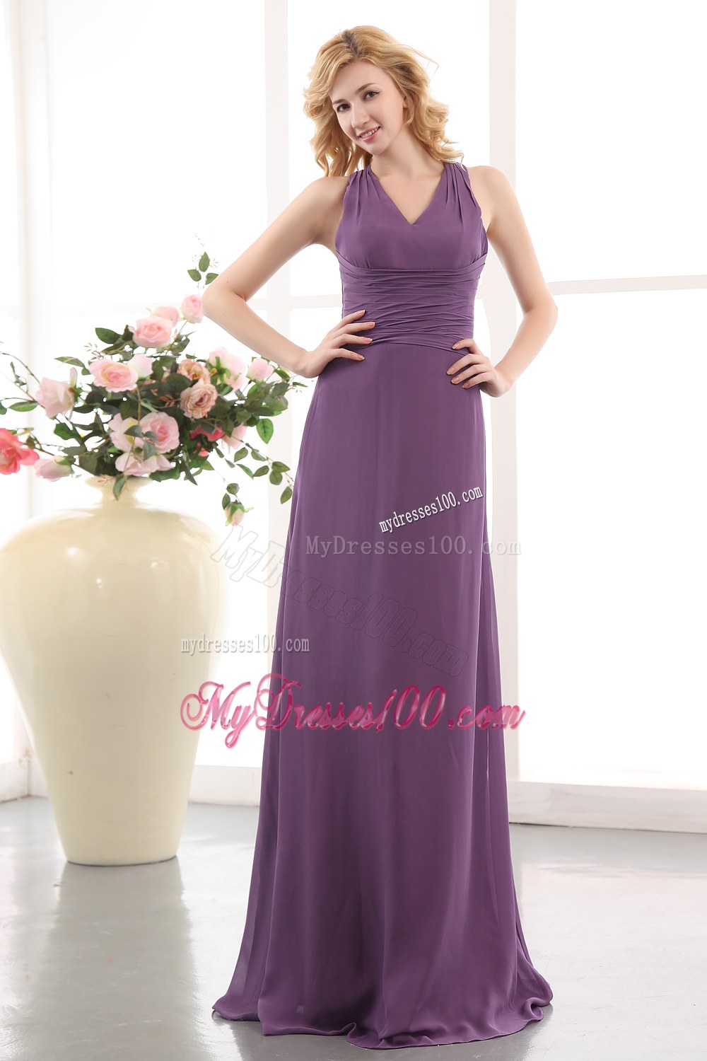 Elegant Purple Empire V-neck Bridesmaid Dress Ruche Accent