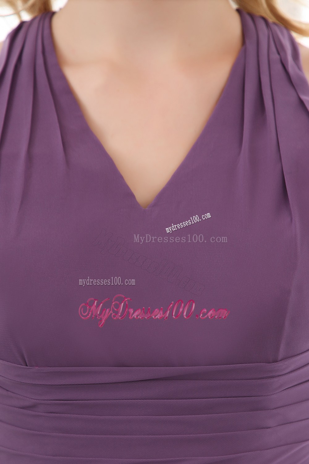Elegant Purple Empire V-neck Bridesmaid Dress Ruche Accent