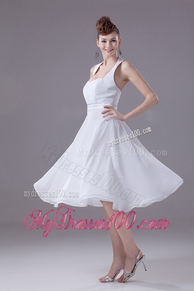 White Halter Empire Chiffon Tea-length Style Bridesmaid Dress