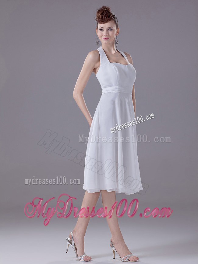 White Halter Empire Chiffon Tea-length Style Bridesmaid Dress