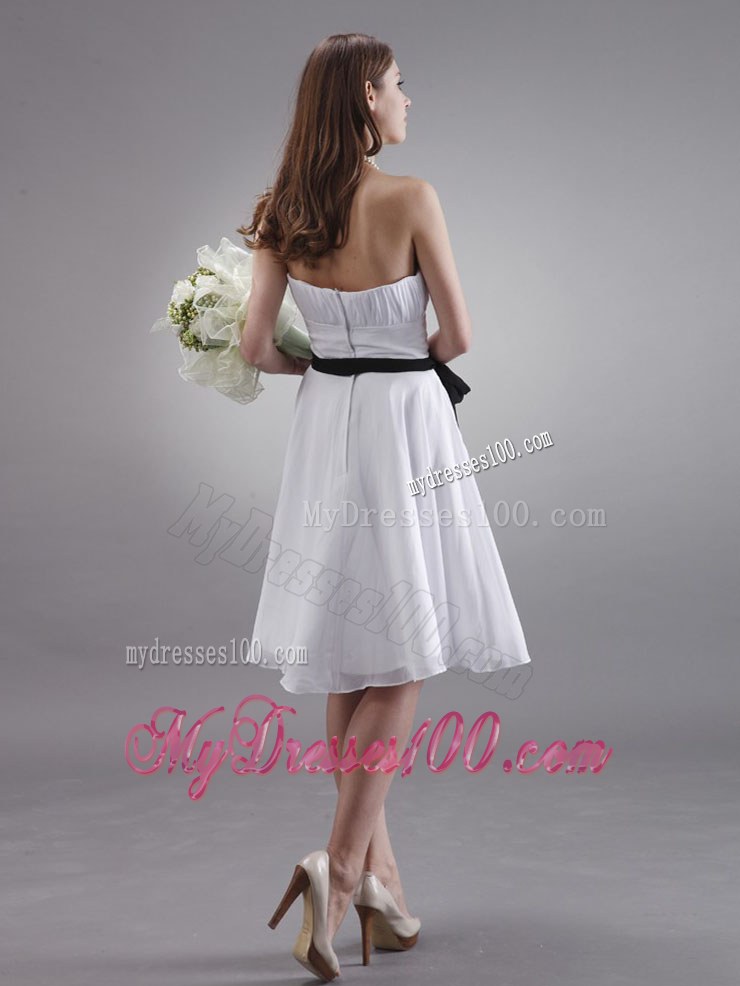 White Chiffon Bridesmaid Dress With Black Sash Knee-length Style
