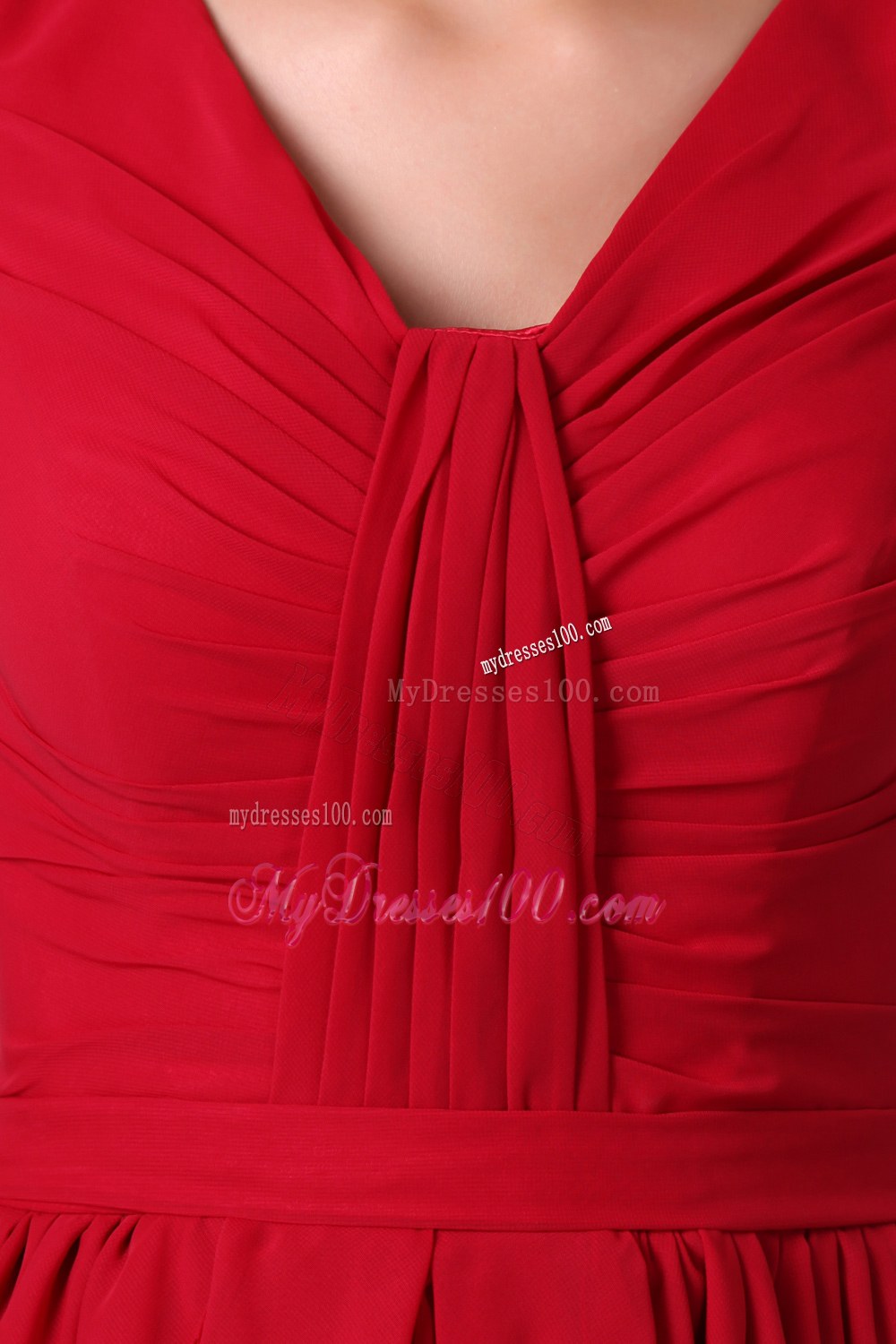 Wine Red Empire V-neck Mini-length Bridesmaid Dress with Ruche