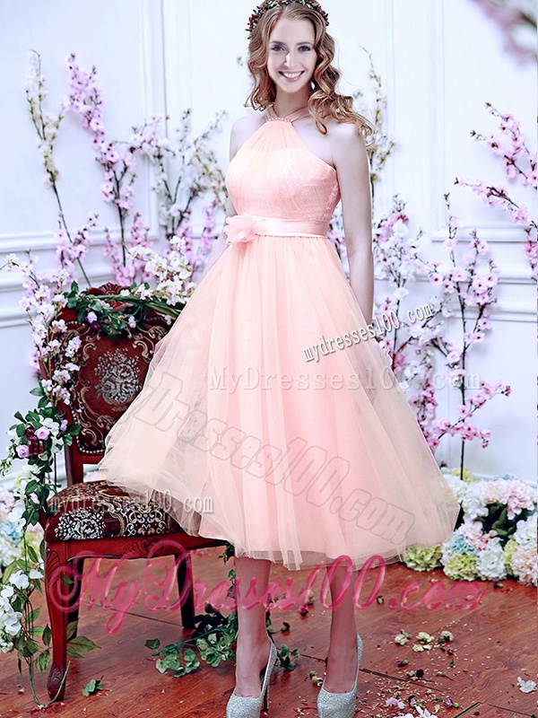 Beautiful Halter Top Baby Pink Dama Dress with Hand Made Flowers