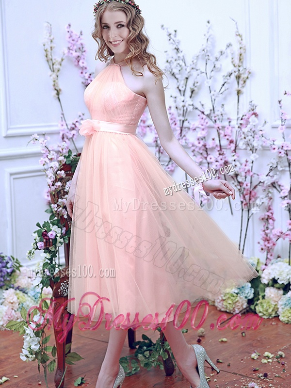 Beautiful Halter Top Baby Pink Dama Dress with Hand Made Flowers
