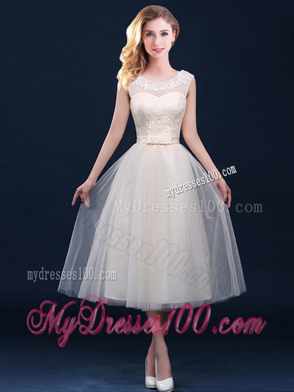 Best Selling See Through Champagne Dama Dress with Appliques and Belt