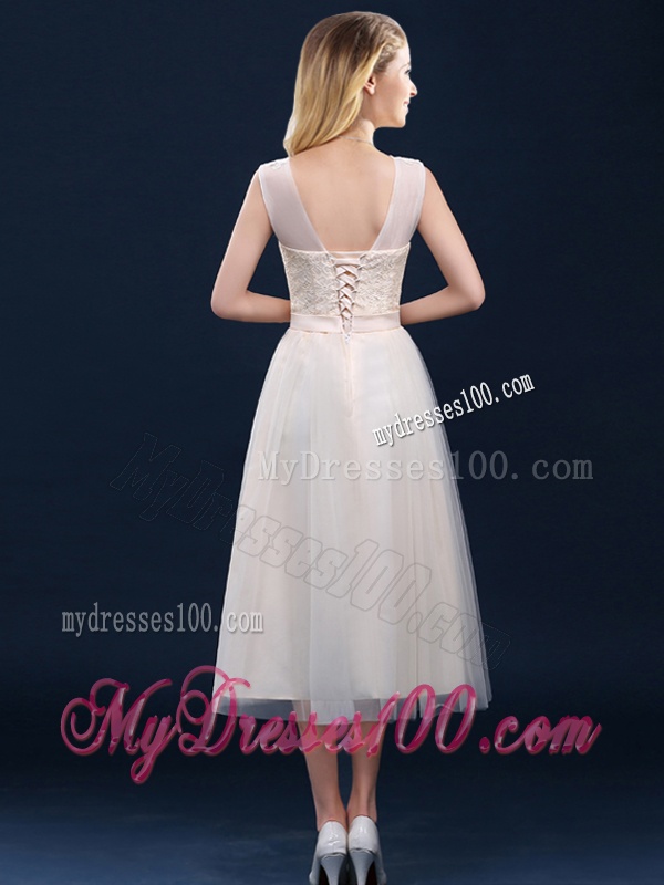 Best Selling See Through Champagne Dama Dress with Appliques and Belt