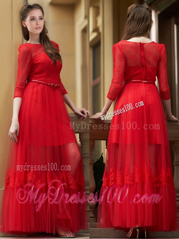 Cheap Empire Bateau Belted and Applique Dama Dress in Ankle Length
