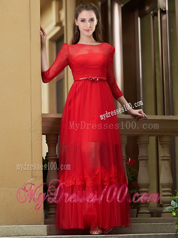 Cheap Empire Bateau Belted and Applique Dama Dress in Ankle Length