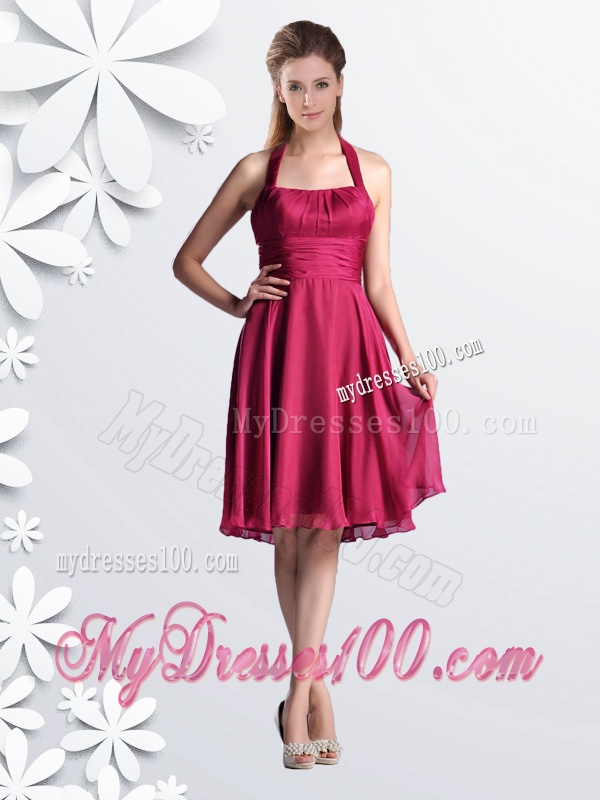 Cheap Halter Top Chiffon Coral Red Dama Dress with Ruching