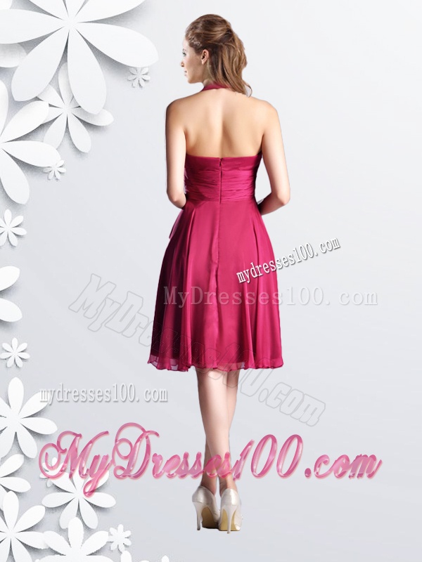 Cheap Halter Top Chiffon Coral Red Dama Dress with Ruching