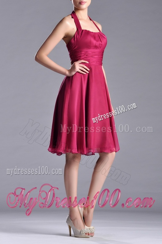 Cheap Halter Top Chiffon Coral Red Dama Dress with Ruching