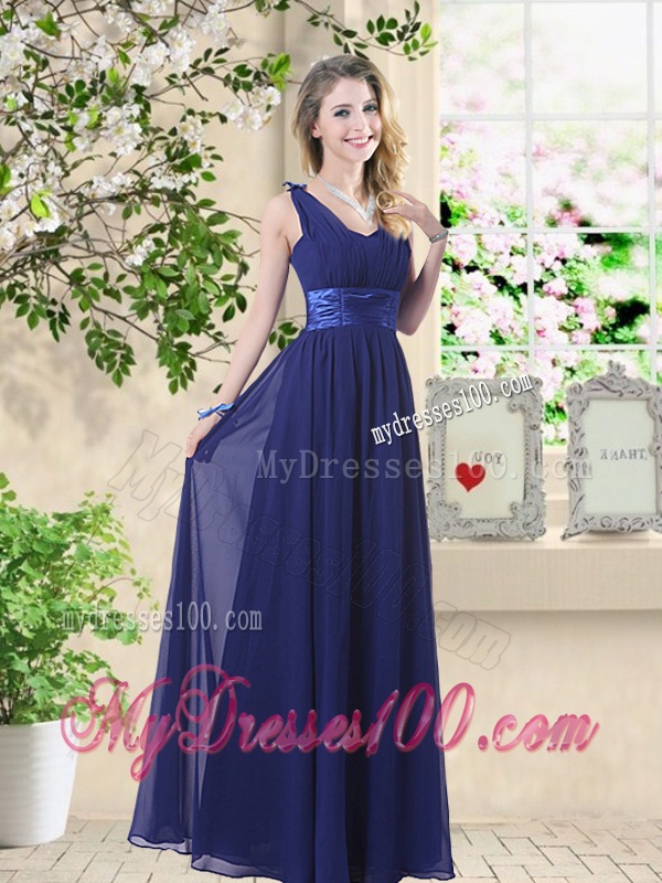 Cheap One Shoulder Floor Length Dama Dresses in Navy Blue