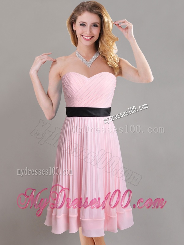 Discount Empire Pleated and Black Belted Dama Dress in Baby Pink