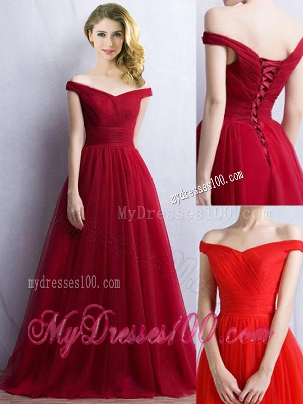 Elegant Off the Shoulder Cap Sleeves Dama Dress in Wine Red