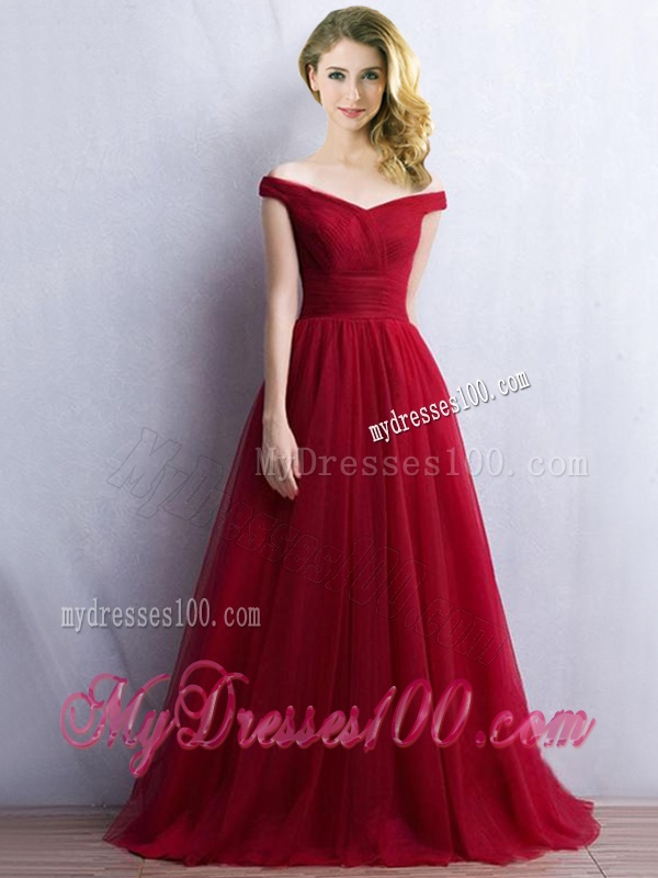 Elegant Off the Shoulder Cap Sleeves Dama Dress in Wine Red