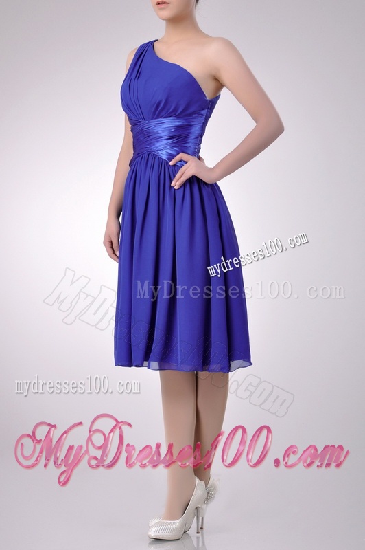 Elegant One Shoulder Chiffon Blue Dama Dress with Side Zipper