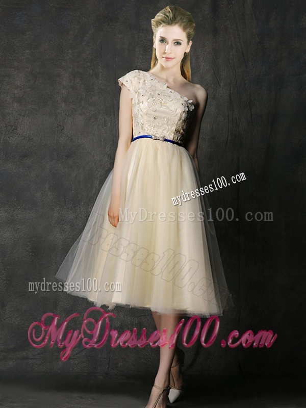 Elegant One Shoulder Sashes and Appliques Dama Dress in Champagne