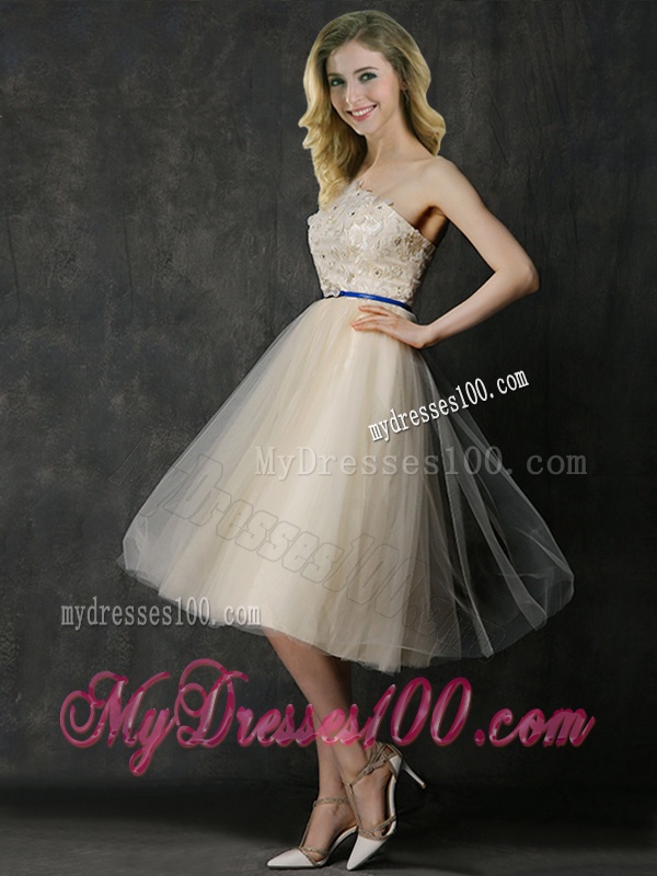 Elegant One Shoulder Sashes and Appliques Dama Dress in Champagne