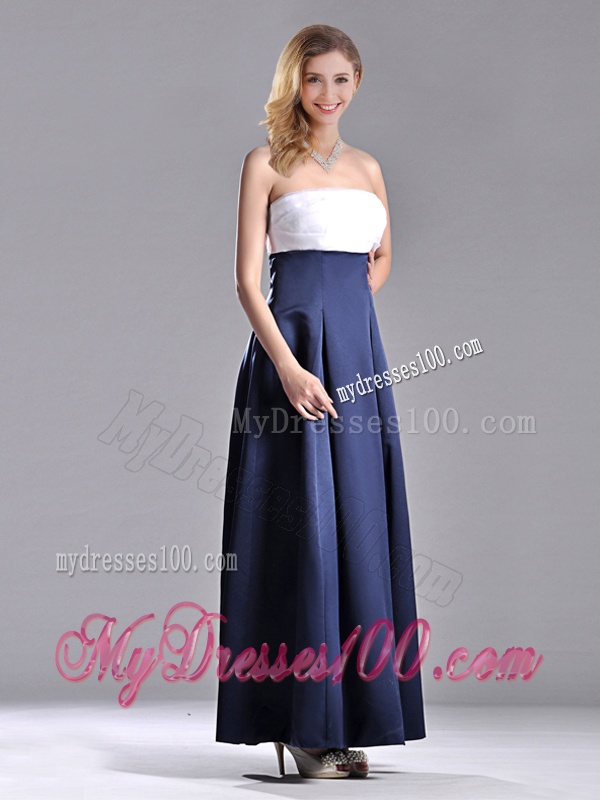 Elegant Strapless Ankle Length Dama Dress in Navy Blue and White