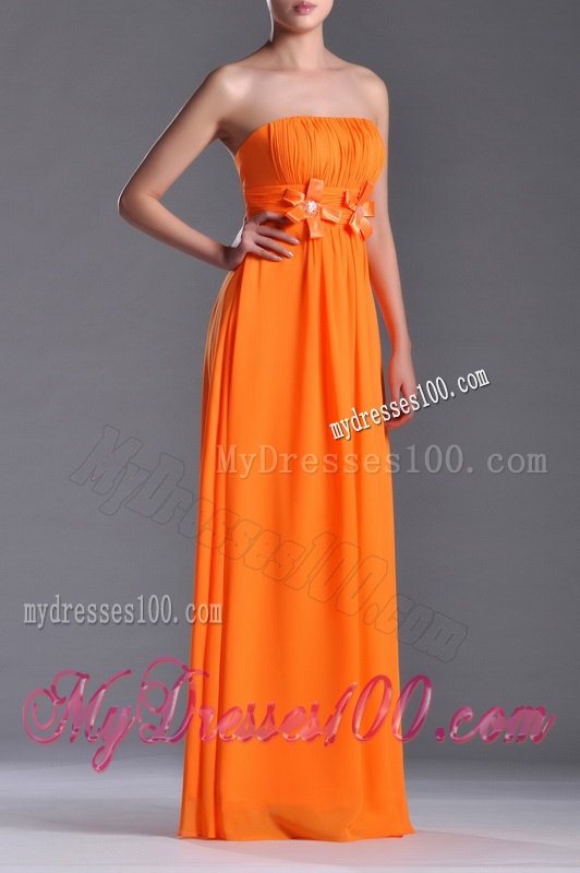 Empire Strapless Ruching Chiffon Long Dama Dress in Orange