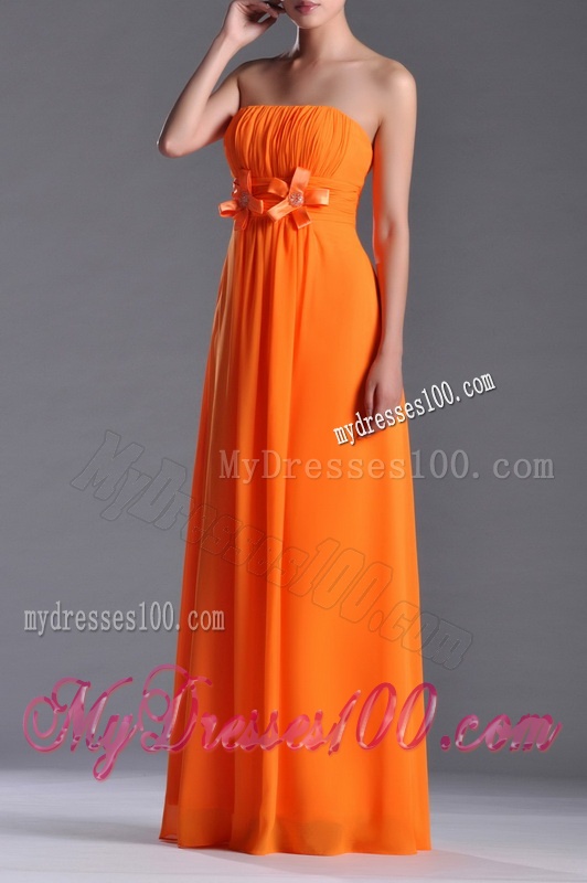 Empire Strapless Ruching Chiffon Long Dama Dress in Orange